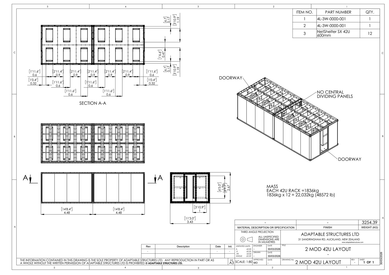 Engineering layout dated 30 March 2026 showing two Anyplace modules joined to form a single contiguous 8.96 m × 3.43 m × 2.67 m envelope housing twelve NetShelter SX 42U server racks arranged in two rows of six with a 1,190 mm clear aisle between rows, two doorways at opposite ends, and a Section A-A view confirming the racks are suspended from the structural ceiling beam rather than borne on the floor