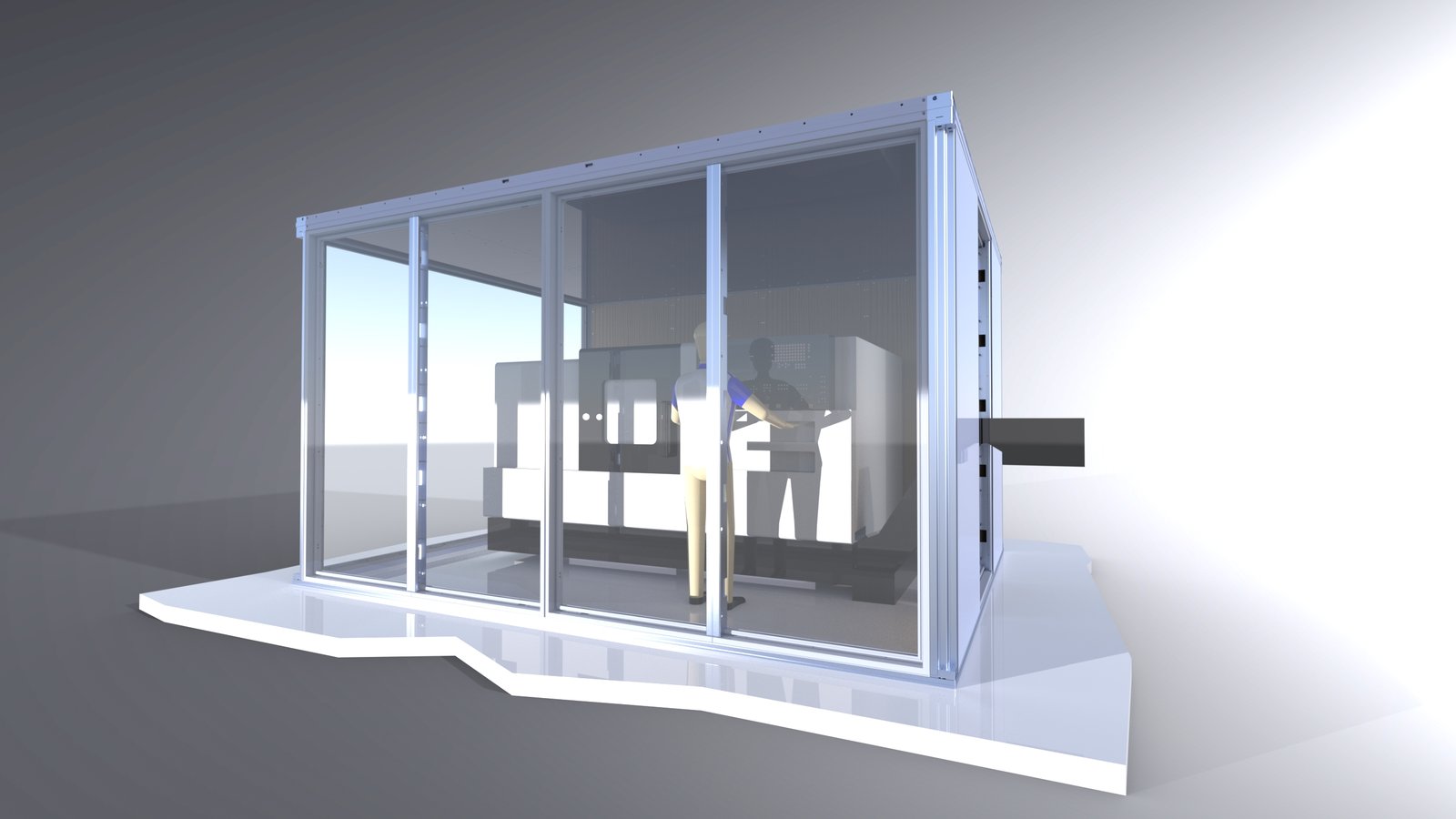 Anyplace module configured as an industrial machining centre enclosure — CNC machine inside the module with sliding panel walls, operator at workstation