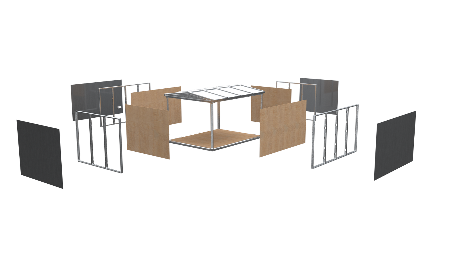 Anyplace module exploded — aluminum frame, panels, and floor system