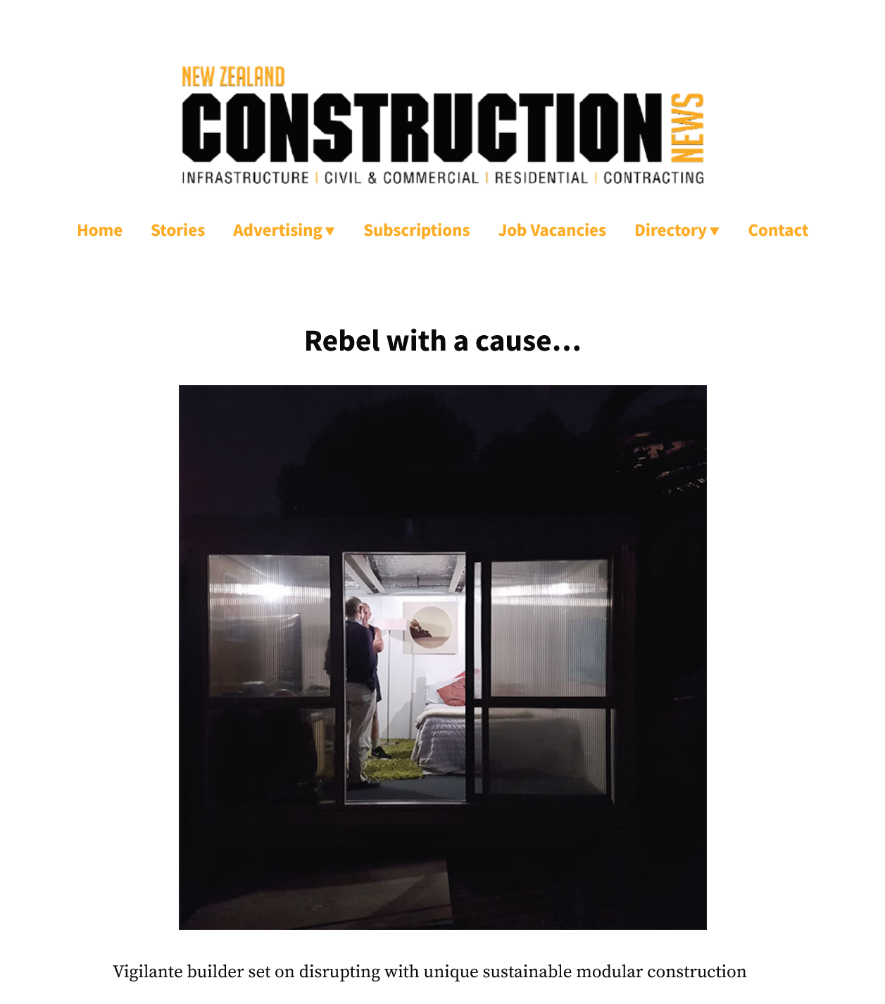 New Zealand Construction News article header. Headline 'Rebel with a cause' with subhead 'Vigilante builder set on disrupting with unique sustainable modular construction.'
