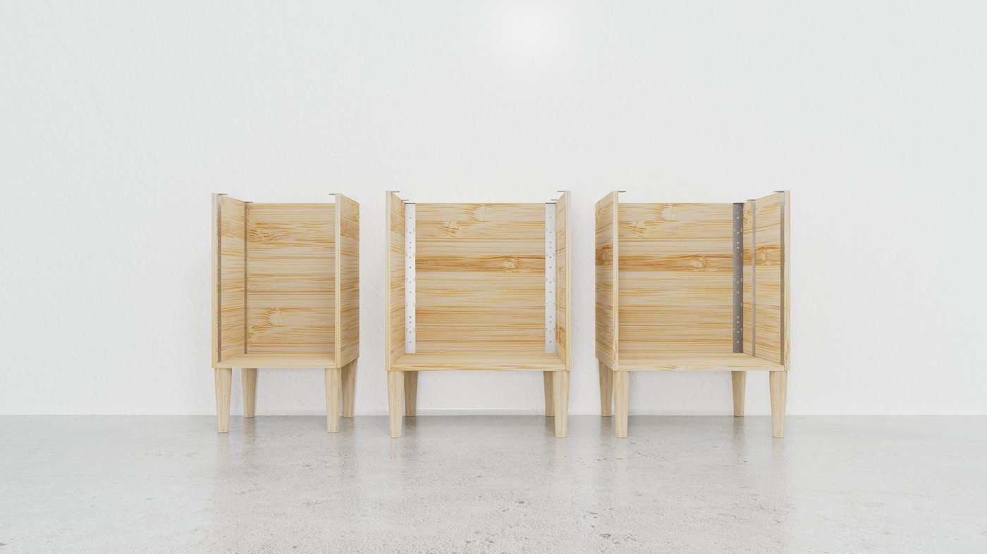 Three Payload cabinets configured with legs — convertible to standalone furniture