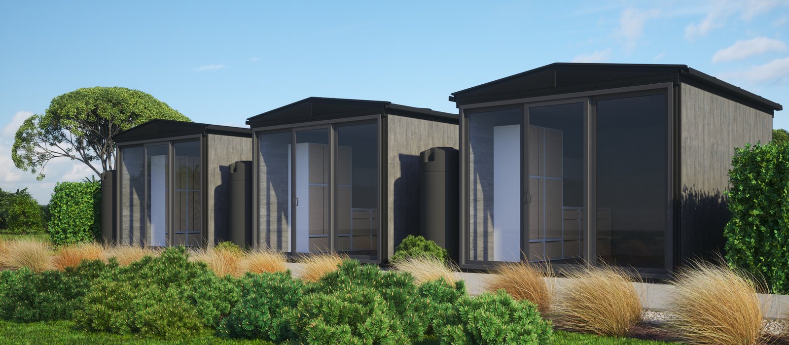 Three Anyplace emergency shelter modules with rainwater collection tanks, glass front walls, gable roofs — off-grid disaster deployment configuration