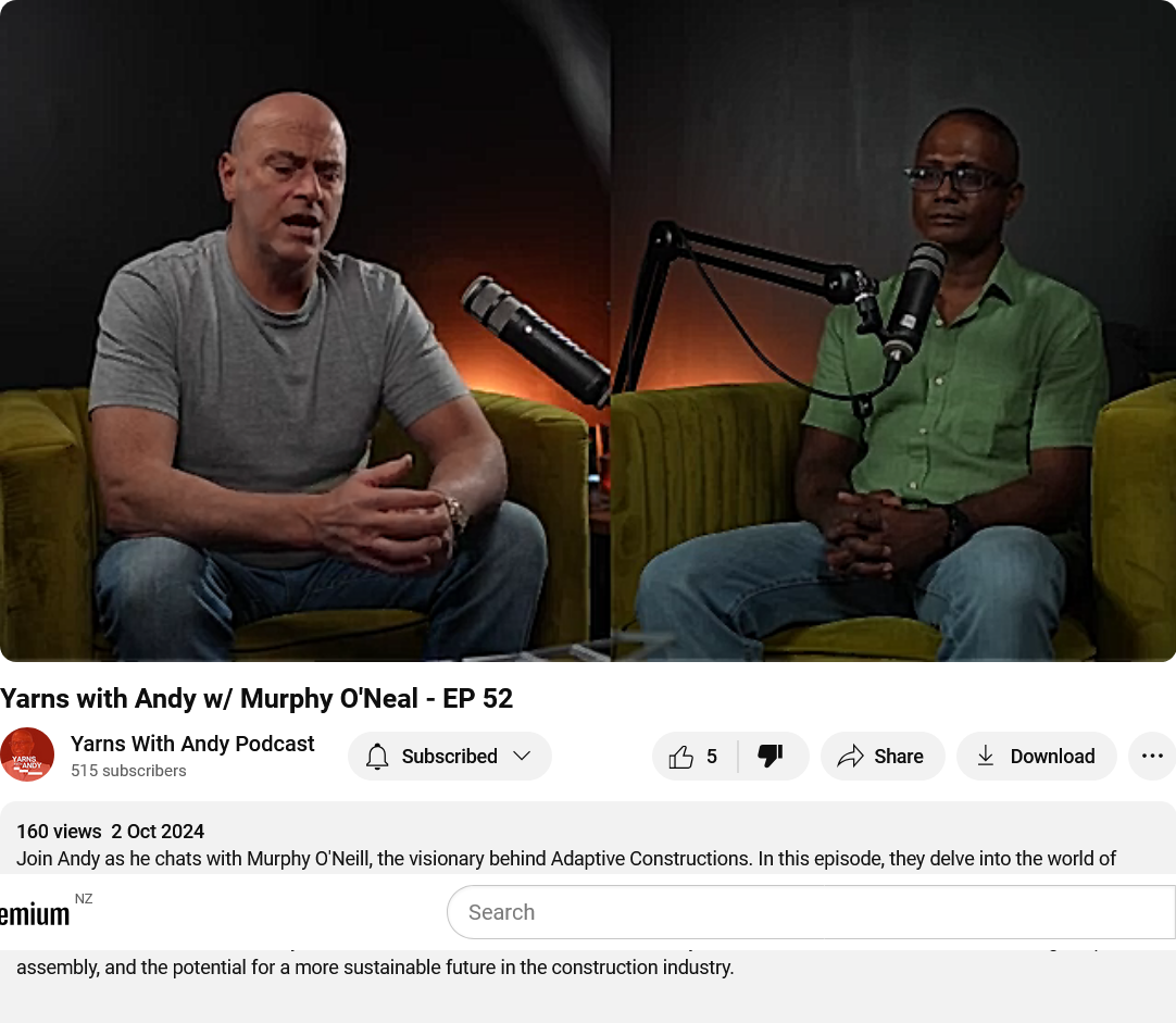 Yarns with Andy Episode 52 YouTube screenshot. Title visible: Yarns with Andy w/ Murphy O'Neal - EP 52. Two-person podcast setup with green velvet couches and professional microphones. Murphy O'Neal at left in grey t-shirt, host Andy Alagappan at right in green shirt.